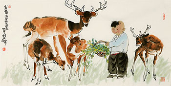 Chinese Deer Painting,68cm x 136cm,ys41202002-x