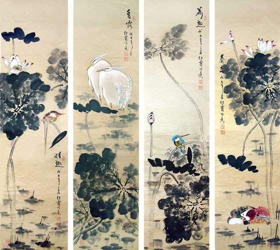 Four Screens of Flowers and Birds,34cm x 138cm(13〃 x 54〃),2600015-z