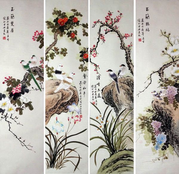 Four Screens of Flowers and Birds,33cm x 110cm(13〃 x 43〃),2702038-z