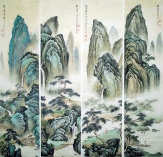 Chinese Four Screens of Landscapes Painting,35cm x 136cm,1006009-x