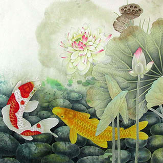 Chinese Koi Fish Painting,66cm x 66cm,2387044-x